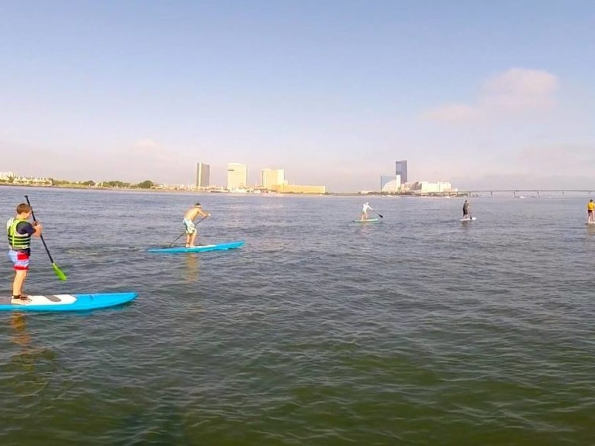 People paddleboarding on calm water with a cityscape in the background.