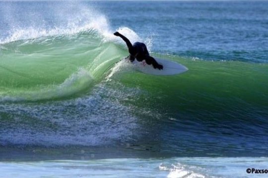 Surfer riding a green wave on a sunny day.